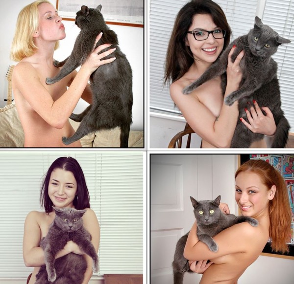 naked girls posing with a cat 