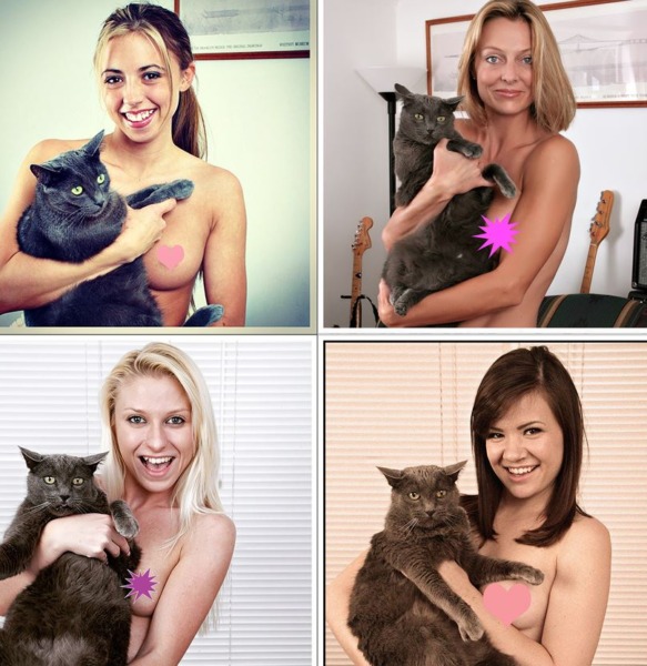 naked girls posing with cats and using a graphic to cover their nipple