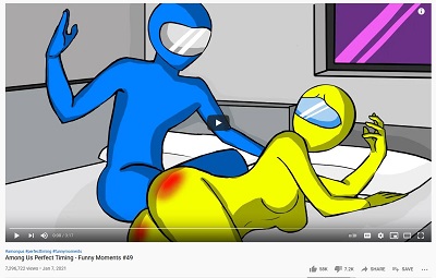 Blue man giving yellow lady a surprise spank in bed after fucking her so hard that both her ass cheeks are showing his leg prints on her