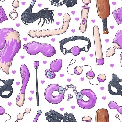 purple cartoon sex toys on white background 