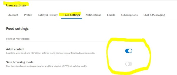 turn adult content on & safe browsing off on reddit 