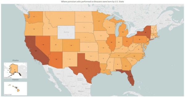 Due to there being so many from USA we give you the map below which breaks up where each Brazzers performer from the USA was born. 